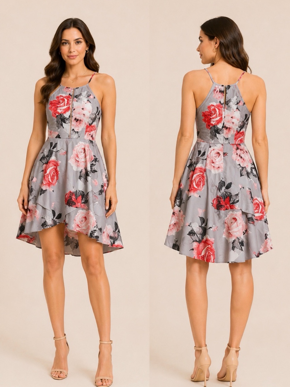 Speechless Gray Floral Halter Mini Dress with Pink & Red Roses